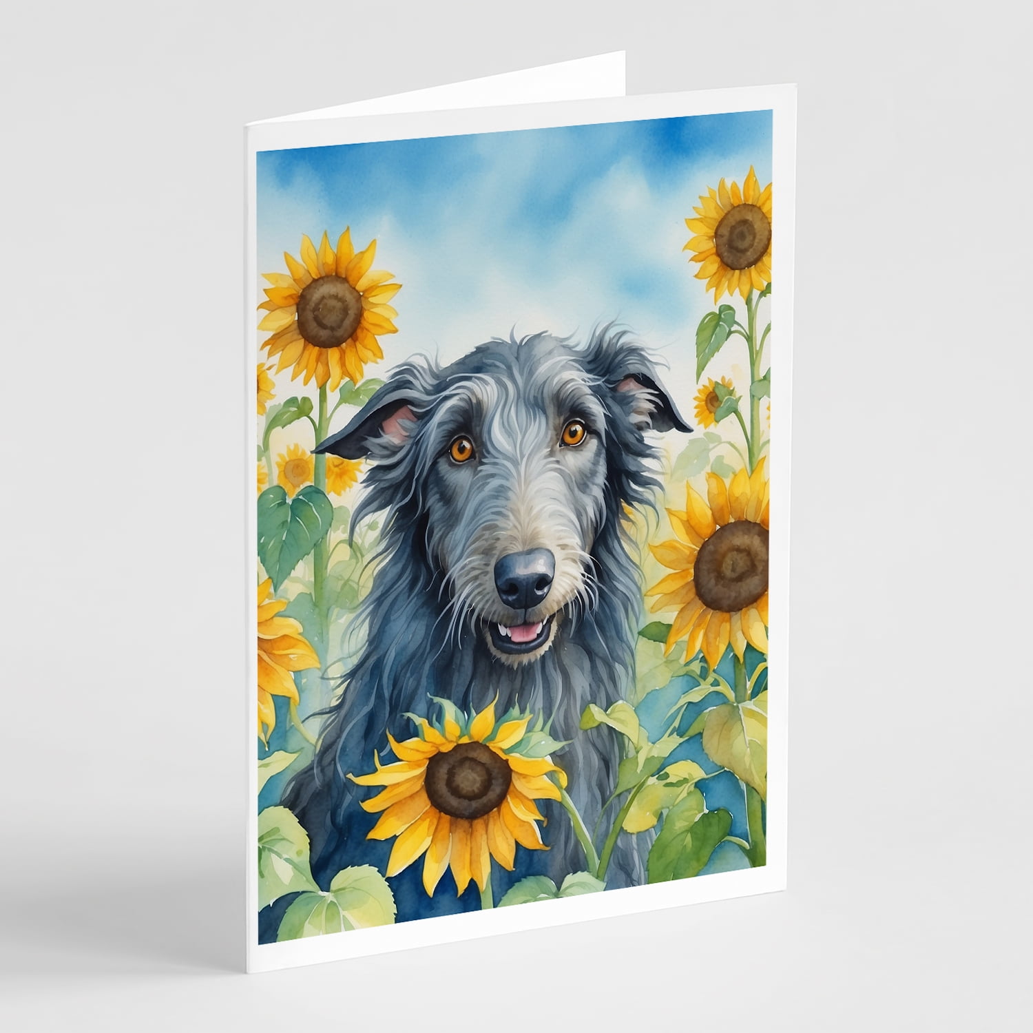 Scottish Deerhound in Sunflowers Greeting Cards Pack of 8 7 in x 5 in