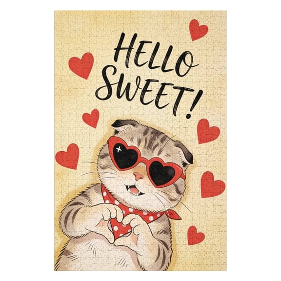 Scottish Fold Cat Love Valentine's Day 500 Piece Jigsaw Puzzle Romantic Cat Artwork of a Scottish Fold with Sunglasses and Heart, Featuring Unique Folded Ears in an Affectionate Pose