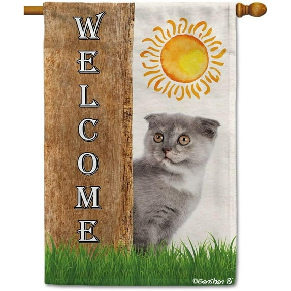 Scottish Fold Cat Spring Summer Welcome House Flag Dog Hides Behind a Tree Sun Outside Yard Decor Flag Banner 28X40 Inch Double Side Style 1