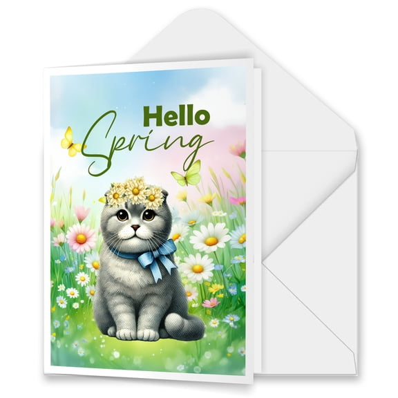 Scottish Fold Hello Spring Time Flower Floral Nature 5x7in Folded Greeting Card Cat Lover Kitten Owner Gifts Single Note Card with Envelope - 02031