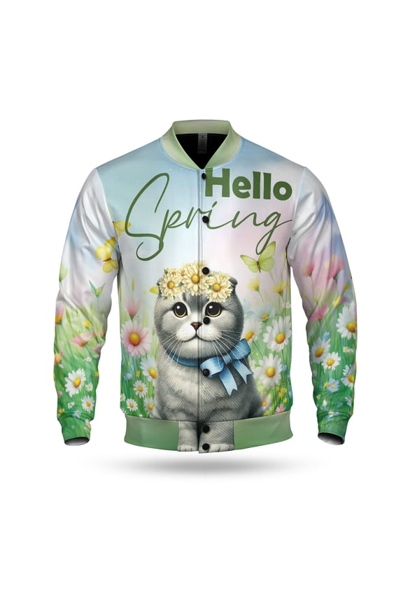 Scottish Fold Hello Spring Time Flower Floral Nature All Over Print 3D Baseball Jacket Cat Lover Kitten Owner Gifts Bomber Jacket Softball - 02031