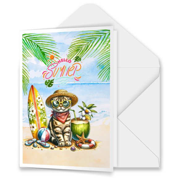 Scottish Fold Hello Summer with Sunglasses and Surfboard Tropical Vibes 5x7in Folded Greeting Card Cat Lover Kitten Owner Gifts Single Note Card with Envelope - 00007