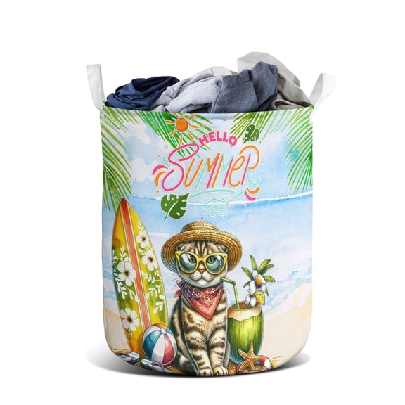 Scottish Fold Hello Summer with Sunglasses and Surfboard Tropical Vibes Foldable Laundry Basket Cat Lover Kitten Owner Gifts Organizer Storage with Handles - 00007