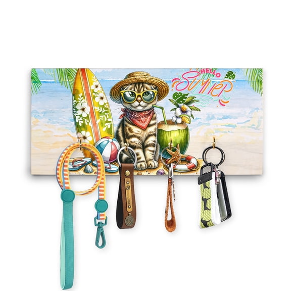 Scottish Fold Hello Summer with Sunglasses and Surfboard Tropical Vibes Wood Key Holder Cat Lover Kitten Owner Gifts Wall-mounted Key Rack Home Decor - 00007