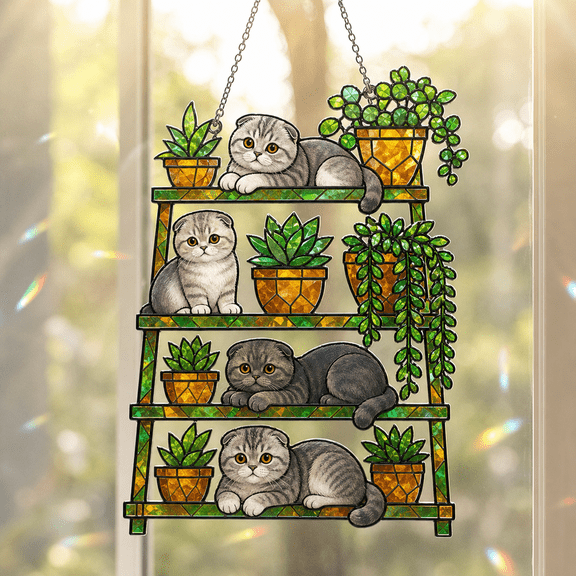 Scottish Fold Holographic Acrylic Window Ornament Suncatcher Cat Plant Shelf Gift