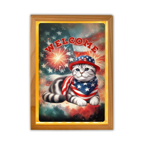 Scottish Fold Patriotic Welcome for 4Th of July Independence Day Acrylic Plaque with Wood Photo Frame Box Cat Lover Kitten Owner Gifts Light Box - 00010
