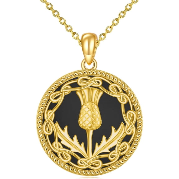 Scottish Gift Scotland Necklace Sterling Silver Yellow 18K Gold Plated Scottish Thistle Necklace Black Onyx Celtic Knot Pendant Necklaces Jewelry for Women