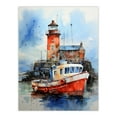 thumbnail image 1 of Scottish Harbour Fishing Boats Lighthouse Modern Watercolour Artwork Blue And Red Extra Large XL Wall Art Poster Print, 1 of 5