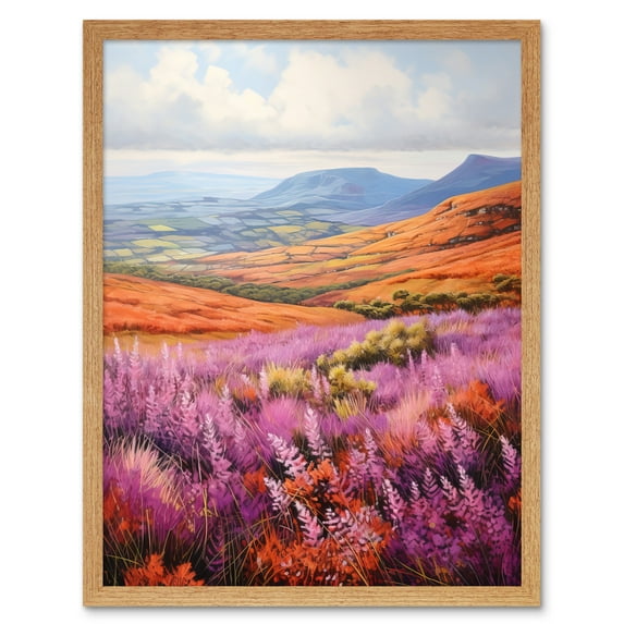 Scottish Heather Fields Oil Painting Purple Orange Blue Scotland Countryside Landscape Art Print Framed Poster Wall Decor 12x16 inch