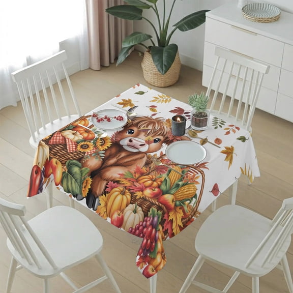 Scottish Highland Cattle Table Cloth 54x54in, Waterproof Square Tablecloth Wipeable Tablecloths Country Autumn Pumpkin Corn Table Covers for Dining Tables Party Indoor Outdoor