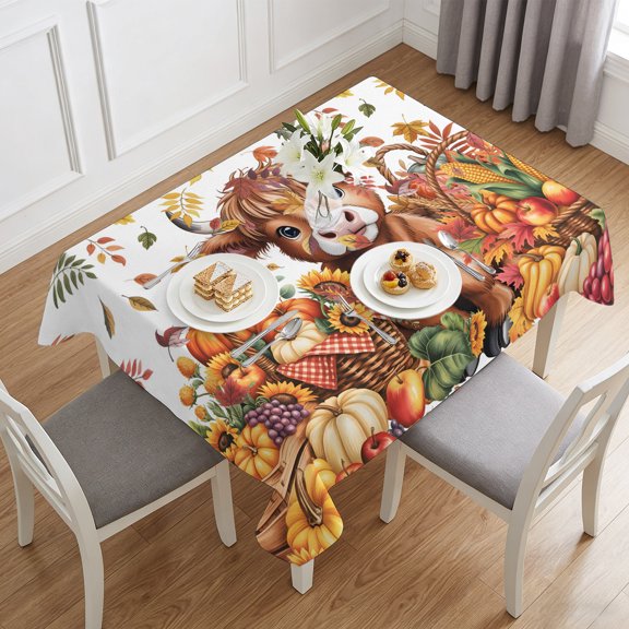 Scottish Highland Cattle Table Cloth 60x84in, Waterproof Rectangle Tablecloth Wipeable Tablecloths Country Autumn Pumpkin Corn Table Covers for Dining Tables Party Indoor Outdoor
