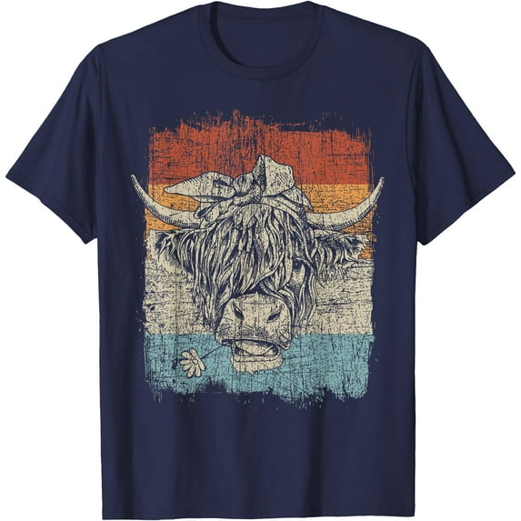 Scottish Highland Cow Cattle Hairy Flowers Softstyle Unisex T-Shirt,Navy Color,Size 2XL
