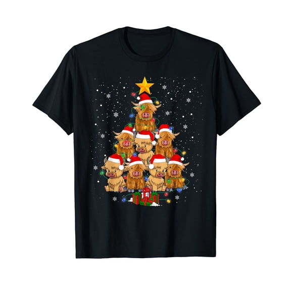 Scottish Highland Cow Christmas Tree Funny Cow Lover Xmas T-Shirt Black Tee