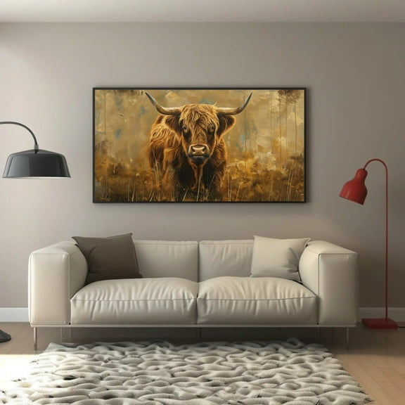 Scottish Highland Cow Extra Large Horizontal Canvas - Rustic Farmhouse Wall Art - Nature Highland Cow Decor For Living Room, Ready To Hang, Unframed Poster Size 16x24
