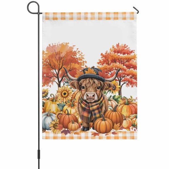 Scottish Highland Cow Fall Garden Flag 12 x 18 Inches, Thanksgiving Pumpkin Orange Weather Proof Outdoor Patio Flags Double Sided Small Garden Decoration for Yard Outside Home