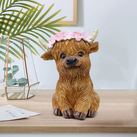 Scottish Highland Cow Figurine Home Decor, Cute Farm Animal Statue Decorative Display Collectible Ornament Unique Gift Accent, Adorable Cow Decor for Living Room Office Shelf Table Display
