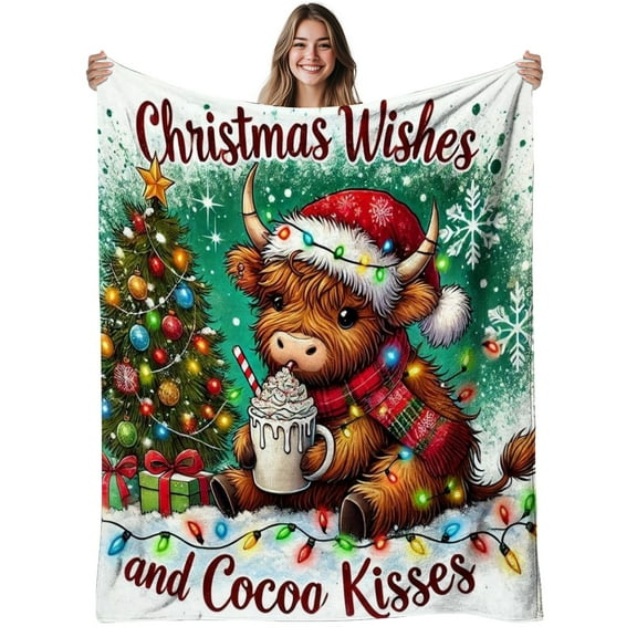 Scottish Highland Cow Flannel Blanket  All-Season Plush Bedspread with Cute Highland Cow, Santa Hat & Scottish Tartan Print for Christmas, Bed, Sofa, - Cozy Cow-Themed Bedding Gift,