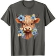 thumbnail image 1 of Scottish Highland Cow Floral Softstyle Unisex T-Shirt,Charcoal Color,Size 4XL, 1 of 5