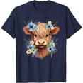 thumbnail image 1 of Scottish Highland Cow Floral Softstyle Unisex T-Shirt,Navy Color,Size M, 1 of 5