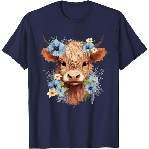 Scottish Highland Cow Floral Softstyle Unisex T-Shirt,Navy Color,Size YM