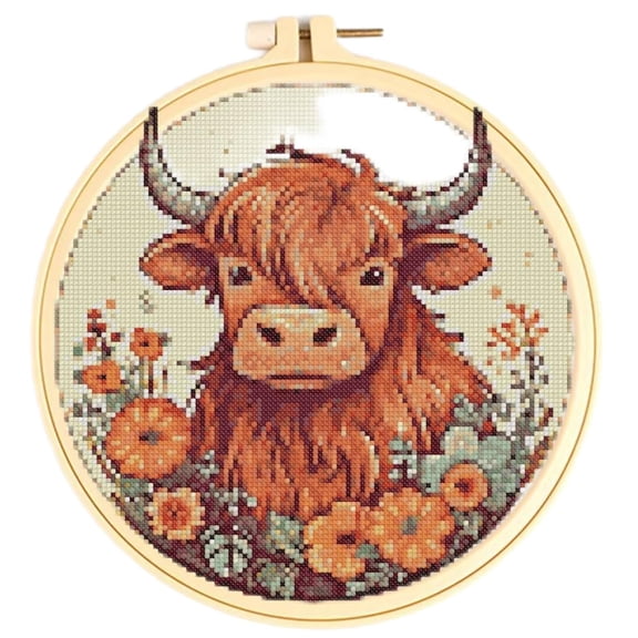 Scottish Highland Cow & Flower Cross Stitch Kits for Starter Kits DIY 11CT Pre-printed Patterns Needlepoint Embroidery Cross Stitching Needlework Kit Set Supplies with Hoop 38x38cm
