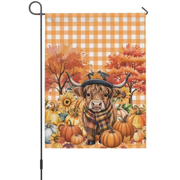 Scottish Highland Cow House Flag 28 x 40 Inches, Thanksgiving Pumpkin Orange Striped Weather Proof Outdoor Patio Flags Double Sided Small House Decoration for Yard Lawn Outside Home