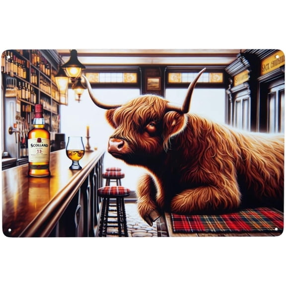 Scottish Highland Cow at Pub Tin Sign Rustic Home Dcor,Vintage Bar Wall Art,Antique Metal Plaque,Whisky Lovers Gift,Unique IndoorOutdoor Signage for Man Cave,Kitchen,Garden,Farmhouse Decor 12x8inch