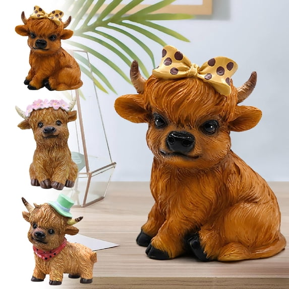 Scottish Highland Cow Resin Easter Decor, Cute Realistic Calf Figurine for Home, Living Room & Festival Easter Decor, Lifelike Animal Craft Ornament for Desktop, Shelf & Indoor Display, 5*4*2in, A