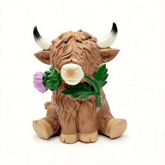 Scottish Highland Cow Resin Statue, Flower Cow Ornament, Rustic Home Garden Decor, Brand New