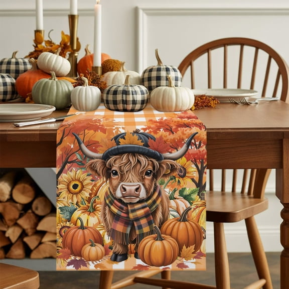 Scottish Highland Cow Table Runner 13x36in Non-Slip Cotton Linen Table Runners, Country Pumpkins Check Dresser Scarves TableRunner for Dinner Kitchen Dining Wedding Party