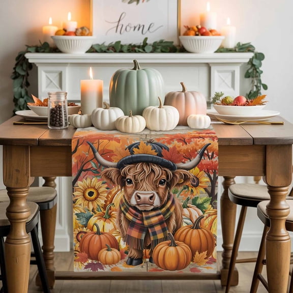 Scottish Highland Cow Table Runner, Autumn Thanksgiving Kitchen Dining Table Decoration for Home Party Decor 13x108 Inches