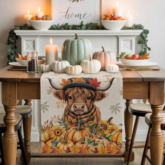 Scottish Highland Cow Table Runner, Autumn Thanksgiving Kitchen Dining Table Decoration for Home Party Decor 13x36 Inches