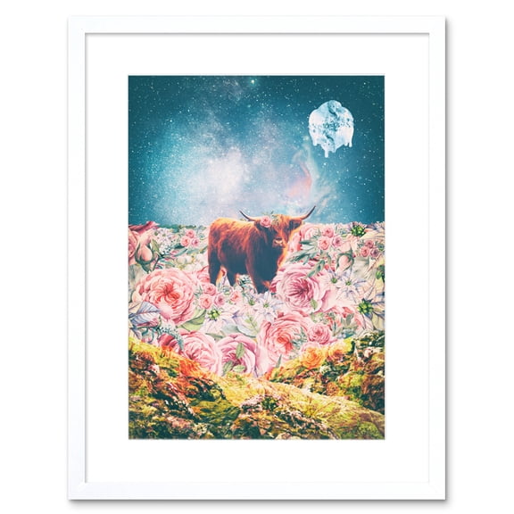 Scottish Highland Hairy Coo Trippy Psychedelic Landscape Space Framed Art Print