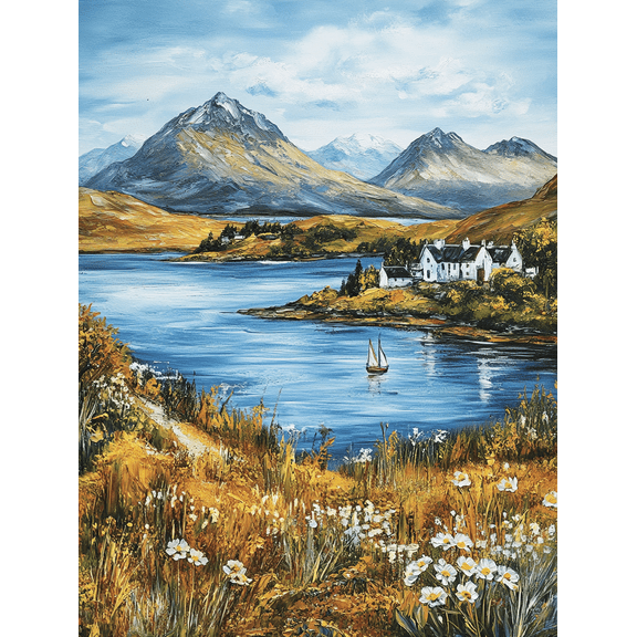 Scottish Highland Lake Landscape Painting/Canvas Print Suitable for Living Room Bedroom Office Dining Room and Hallway Decoration.
