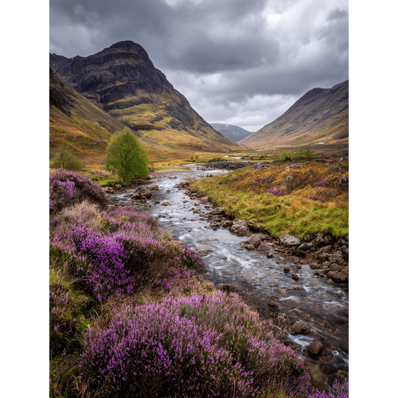 Scottish Highlands Heather River Canvas Print Wall Art, Nature Scenery Decor for Living Room Bedroom Hotel Cafe