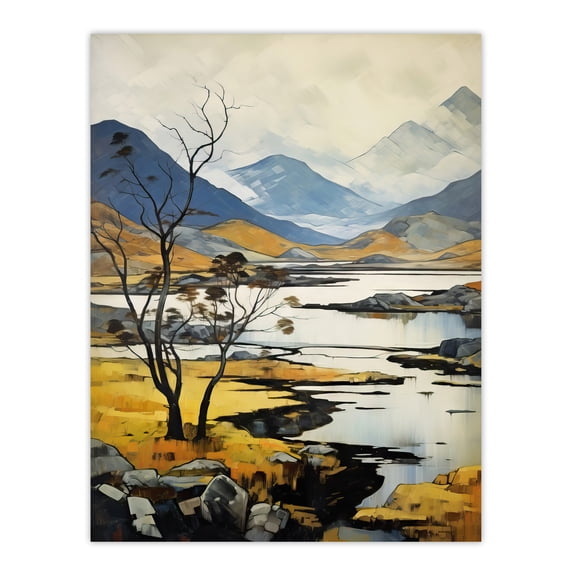 Scottish Highlands In Autumn Oil Painting Ochre Blue Misty Mountains And Serene Lake Extra Large XL Wall Art Poster Print