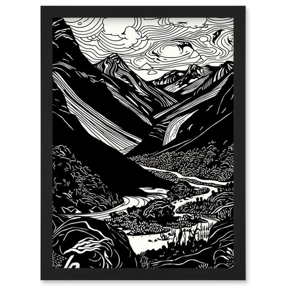 Scottish Highlands Mountain River Modern Landscape Artwork Framed Wall Art Print A4