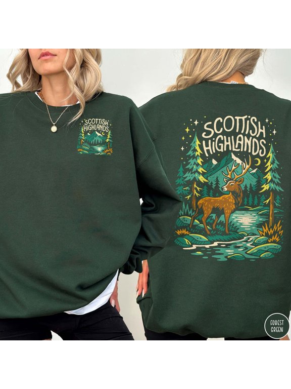 Scottish Highlands Stag and Evergreen Unisex Classic Crewneck Sweatshirt, 271 GSM Cotton-Poly Fleece