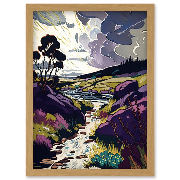 Scottish Landscape Illustration with Stormy Clouds Artwork Framed Wall Art Print A4