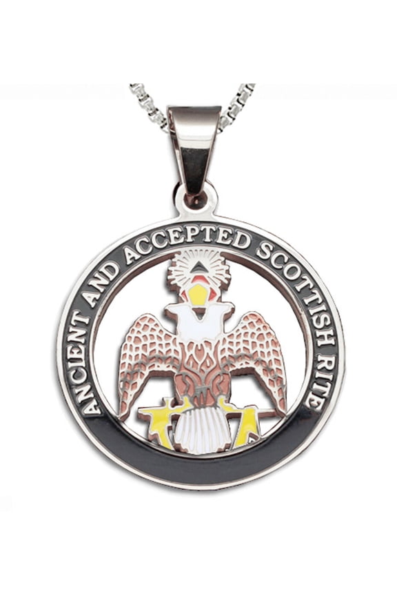 Scottish Rite Crowned 33rd - Silver Steel Masonic Freemason Pendant w/ Necklace