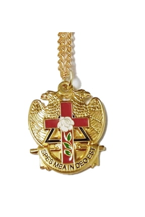 Scottish Rite Pendant w/ chain. Gold Tone Masonic Eagle Red Cross Rose