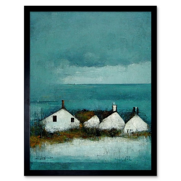 Scottish Seascape White Cottages On Teal Art Print Framed Poster Wall Decor 12x16 inch