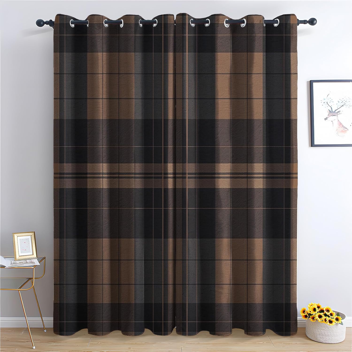 Scottish Tartan Curtains for Bedroom, Brown Plaid Blackout Curtains for Living Room Country Gingham Decor Window Curtains,Grommet Drapes 2 Panels Set-52"W x 96"L (Pack of 2)