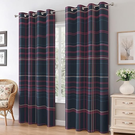 Scottish Tartan Curtains for Living Room, Thermal Insulated Navy Blue Pink Plaid Blackout Curtains, Grommet Drapes, Country Check Bedroom Decor 53"W x 96"L