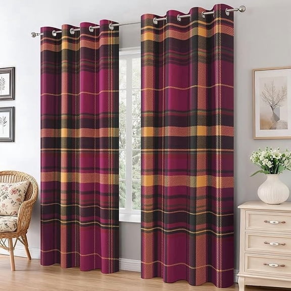 Scottish Tartan Pattern Curtains for Living Room, Thermal Insulated Rustic Gingham Blackout Curtains, Grommet Drapes, Magenta Yellow Plaid Bedroom Decor 26"W x 63"L