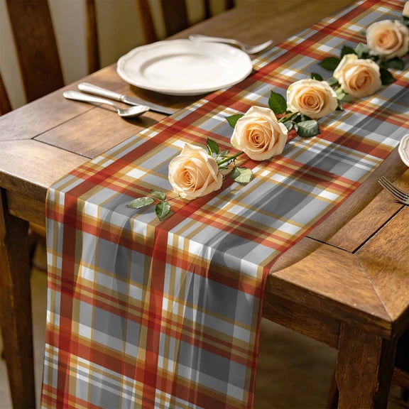 Scottish Tartan Plaid 4.5 ft Cheesecloth Table Runner for Wedding 19"x55", Red Gray Gingham Plaid Vintage Geometric Grid Kitchen Dinner Sheer Tulle Chiffon Dresser Scarf, Holiday Party Decorations