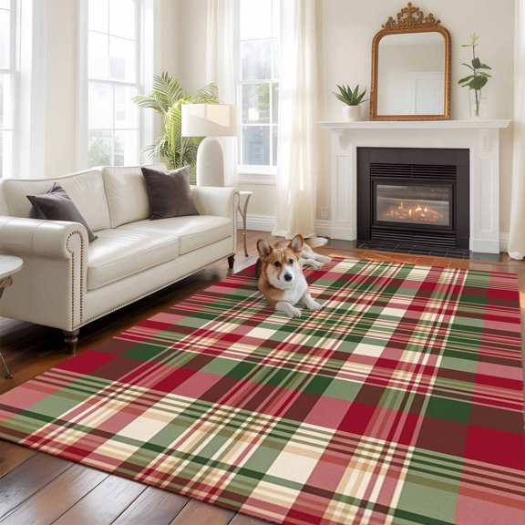Scottish Tartan Plaid 5x8 Rug for Bedroom Under Queen Bed Placement, Green Gingham Plaid Vintage Geometric Grid Washable Non Slip Large Rectangle Area Rug