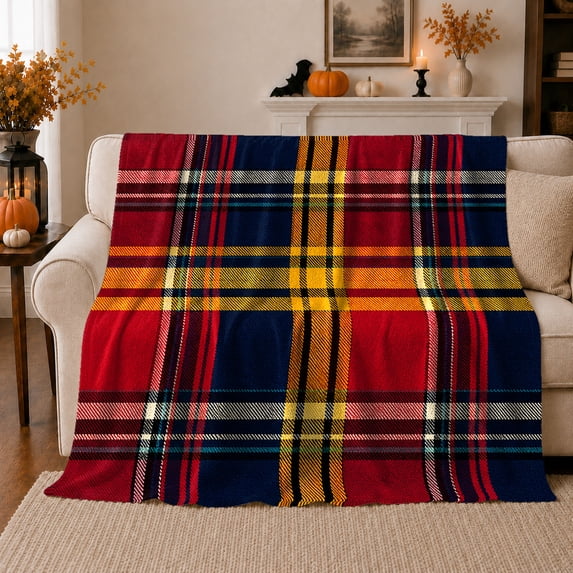Scottish Tartan Plaid Autumn Living Room, Festive autumn celebration Scene, Warm Flannel Blanket for Living Room and Family Room, Art Lovers autumn celebration Gift, Festive Home Decor