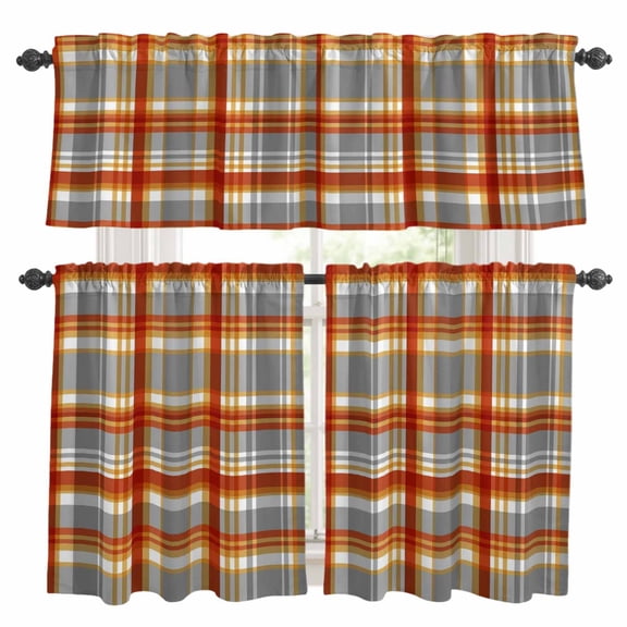 Scottish Tartan Plaid Kitchen Curtains Valances and Tiers Set of 3 Red Gray Gingham Plaid Vintage Geometric Grid Tier Curtains and Valance with Rod Pocket for Small Windows, 27.5"x24"
