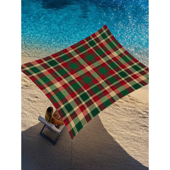 Scottish Tartan Plaid Sun Shade Sail 12' x 16', Green Red Gingham Plaid Vintage Geometric Grid Rectangle Outdoor Sunshade Canopy, Waterproof UV Block Patio Covers for Garden Yard Beach